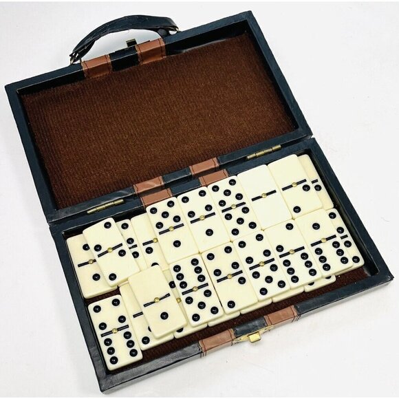 VTG 28pc DOMINO SET w/ Metal Brass Spinners Brown Faux Leather Carry Case *Read* - Picture 1 of 9